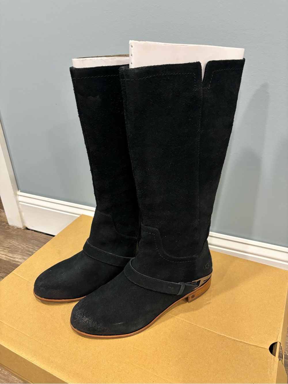 UGG Black Suede Knee-High Heeled Boots